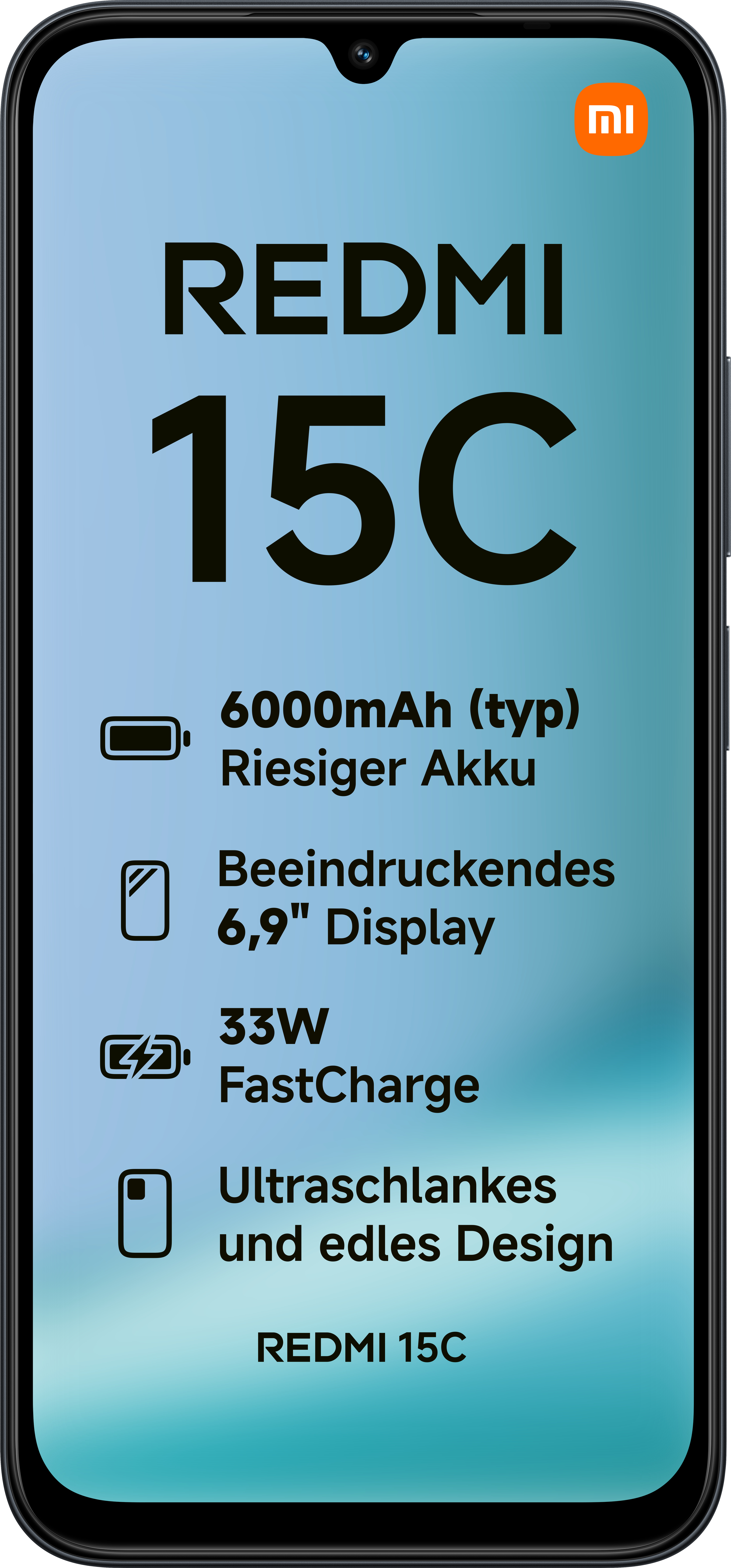 Das Redmi 15C-Telefon zeigt Funktionen wie 6000mAh Akku, 6,9" Display, 33W FastCharge und schlankes Design.