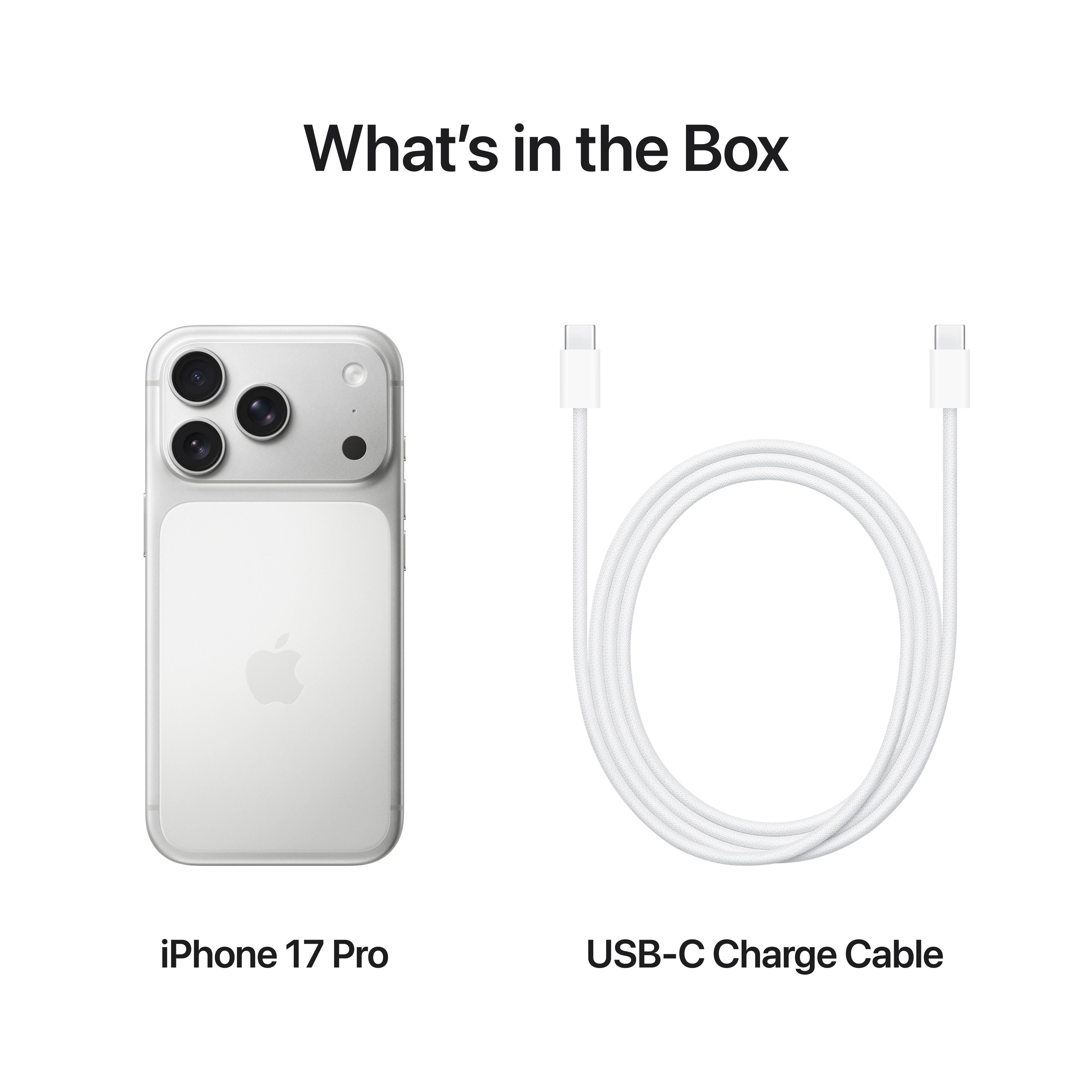 Das Bild zeigt das iPhone 17 Pro und ein USB-C-Ladekabel. Das Telefon ist silberfarben. Das Kabel ist weiß.