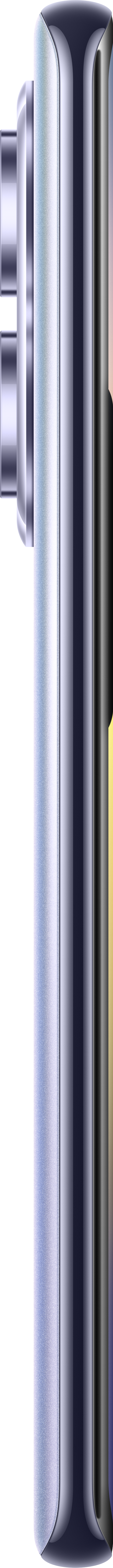 Seitenansicht eines metallischen Smartphones. Es hat ein glänzendes Finish, silberne und schwarze Farben. Die Seite hat Kameralinsen.