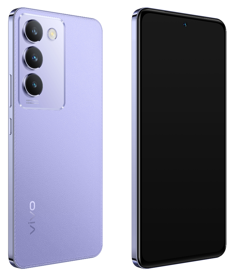 Zwei lila Smartphones. Eines ist abgewinkelt und zeigt die Rückseite mit Kameras, das andere den Bildschirm.