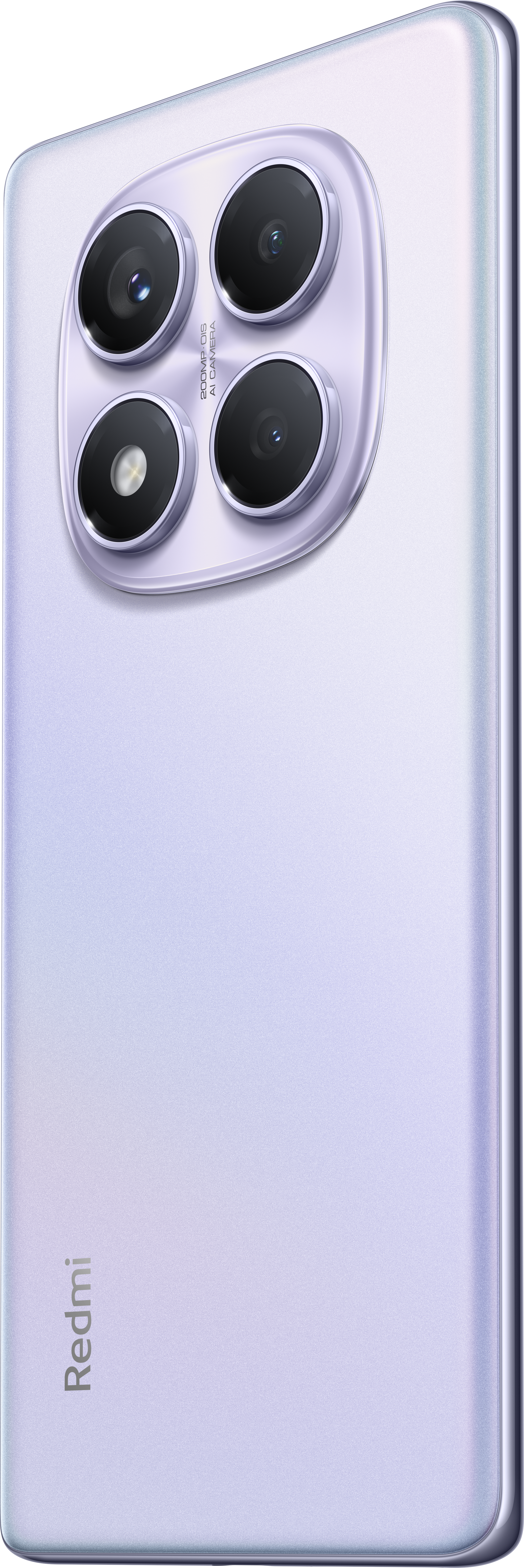 Rückseite eines hellvioletten Smartphones mit vier Kameralinsen. Das Redmi-Logo ist sichtbar. Das Telefon hat einen glänzenden Rahmen.