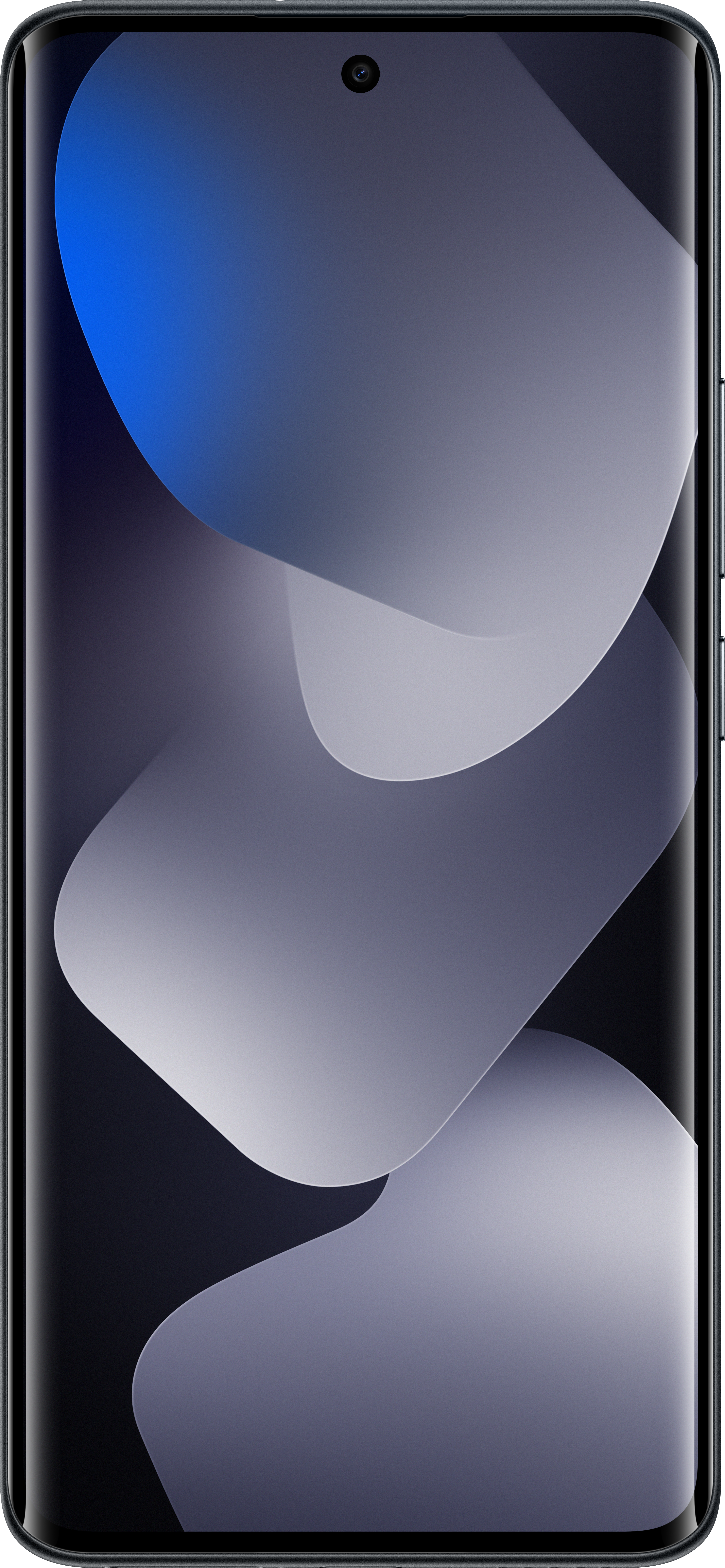 Ein Smartphone-Bildschirm zeigt einen Farbverlaufshintergrund mit überlappenden grauen Formen und einer blauen Oberseite. Eine Kamera ist sichtbar.