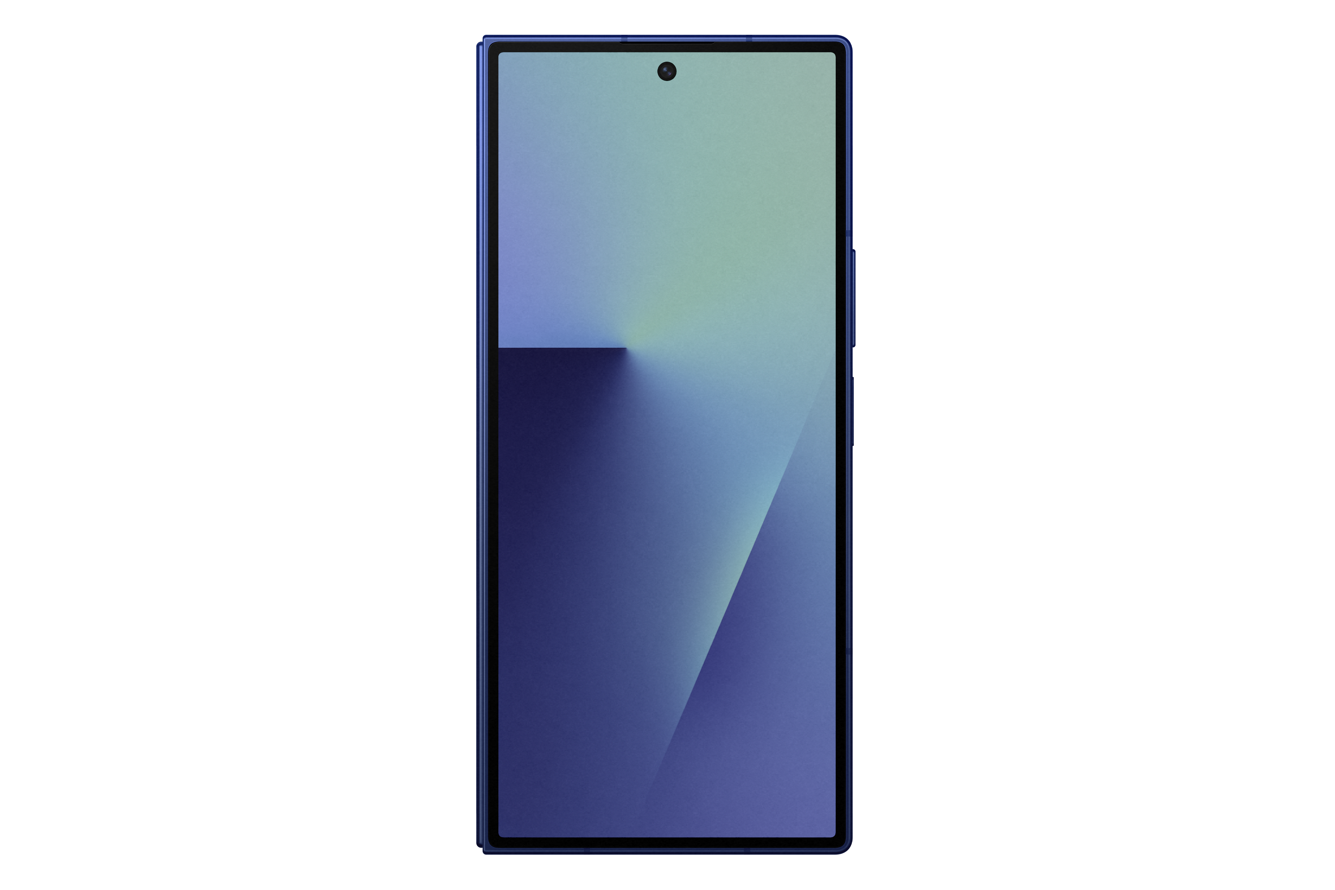 Blaues Smartphone auf schwarzem Grund, Farbverlauf von Lila zu Grün, zentrierte Kamera.