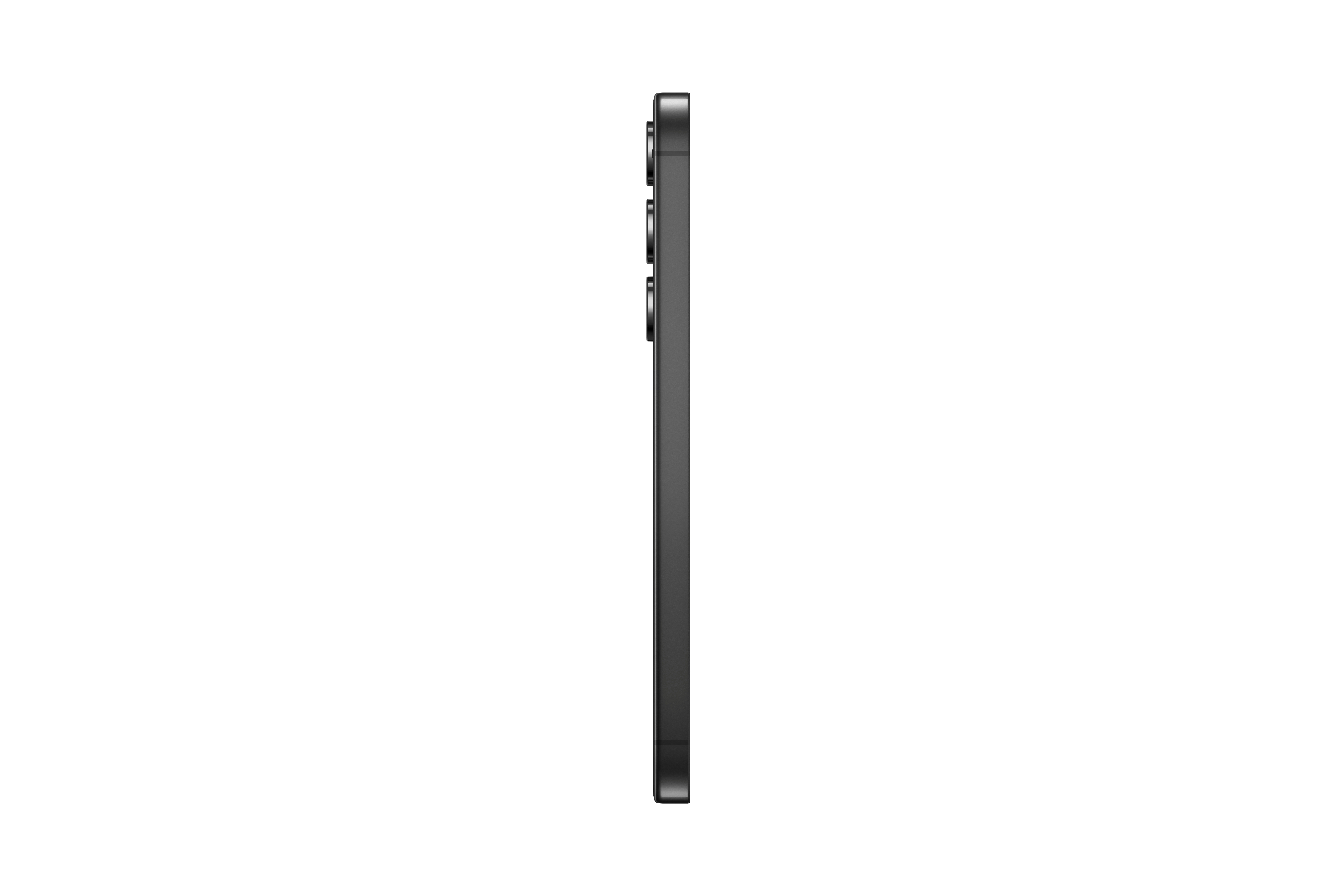 Seitenansicht eines dunkelgrauen Smartphones mit Kameralinsen. Weißer Hintergrund.