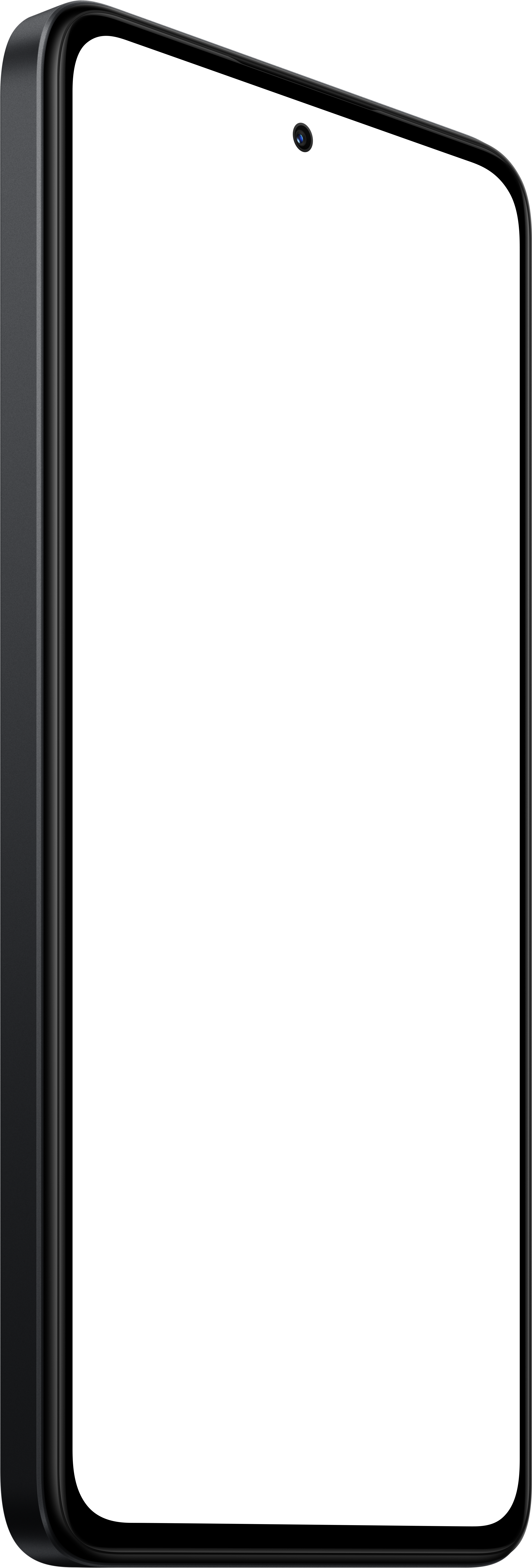 Schwarzes Smartphone, abgerundete Kanten, Frontkamera sichtbar. Dunkelgrauer Rahmen. Bildschirm ist aus, komplett schwarz.