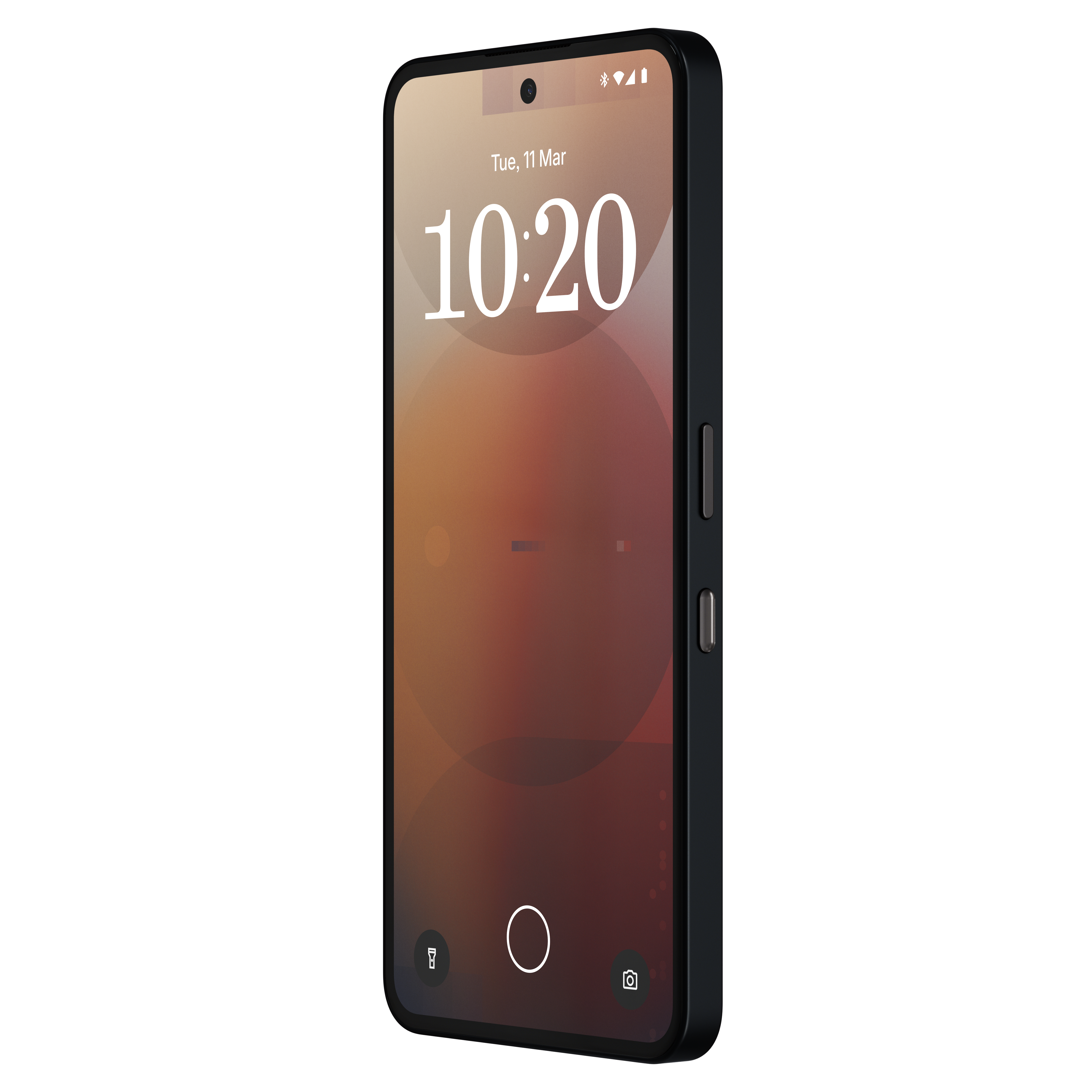 Smartphone mit dunklem Bildschirm, der Zeit und eine Kameraoberfläche anzeigt, weißer Hintergrund.