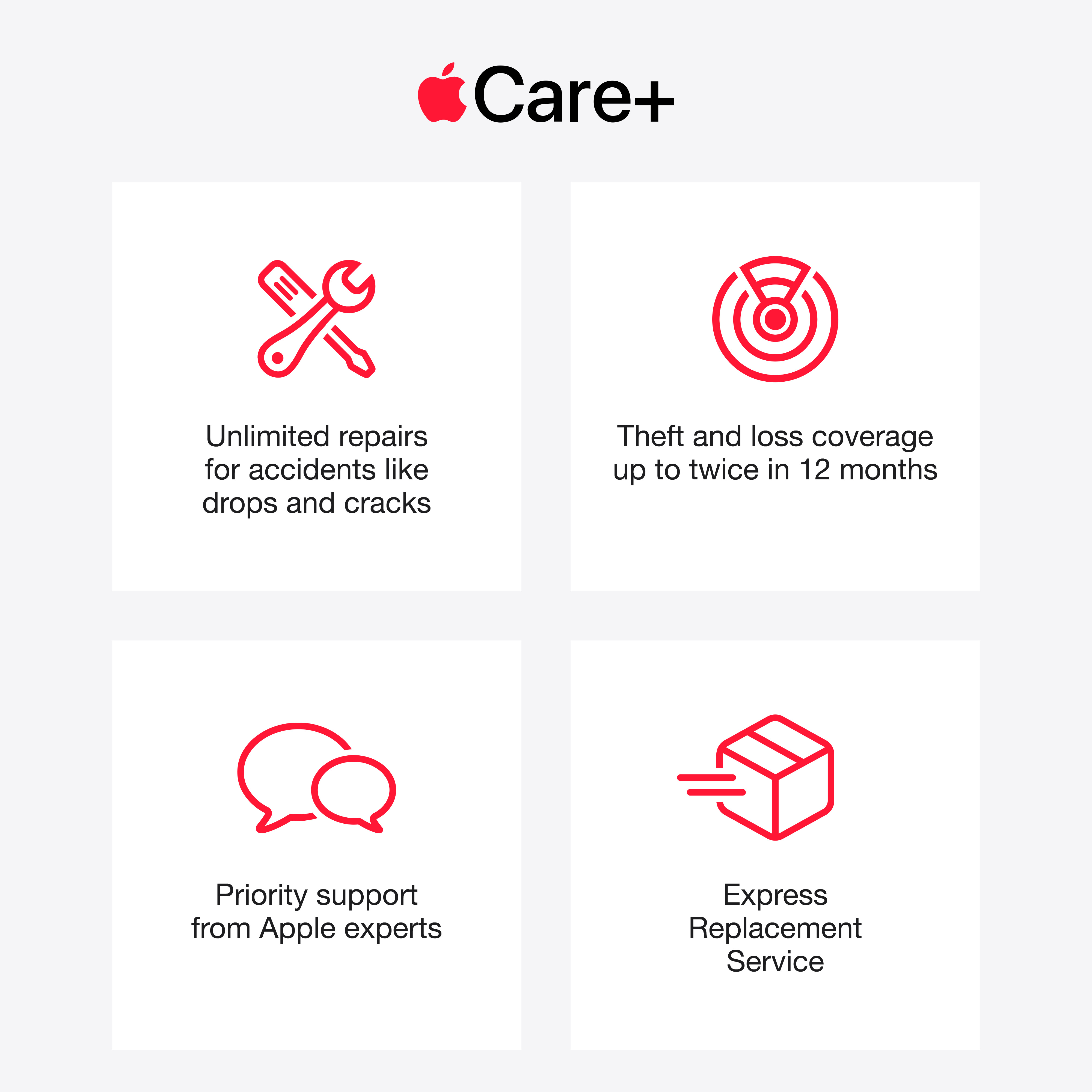 Apple Care+ bietet Reparaturen, Diebstahlschutz, Support und Express-Austausch.