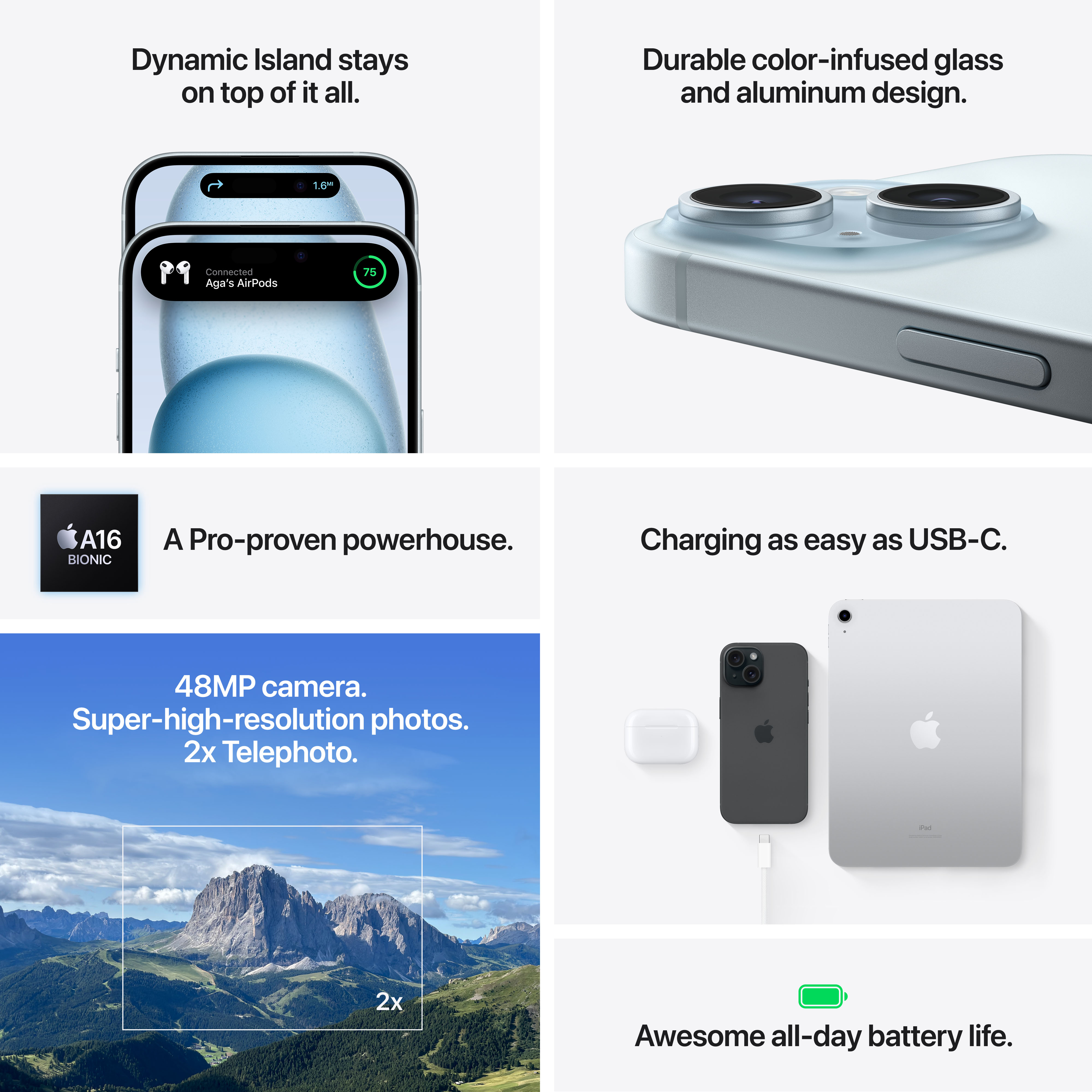 Collage von iPhone-Funktionen: Dynamic Island, robustes Design, A16 Chip, Laden, Kamera, und Akku.