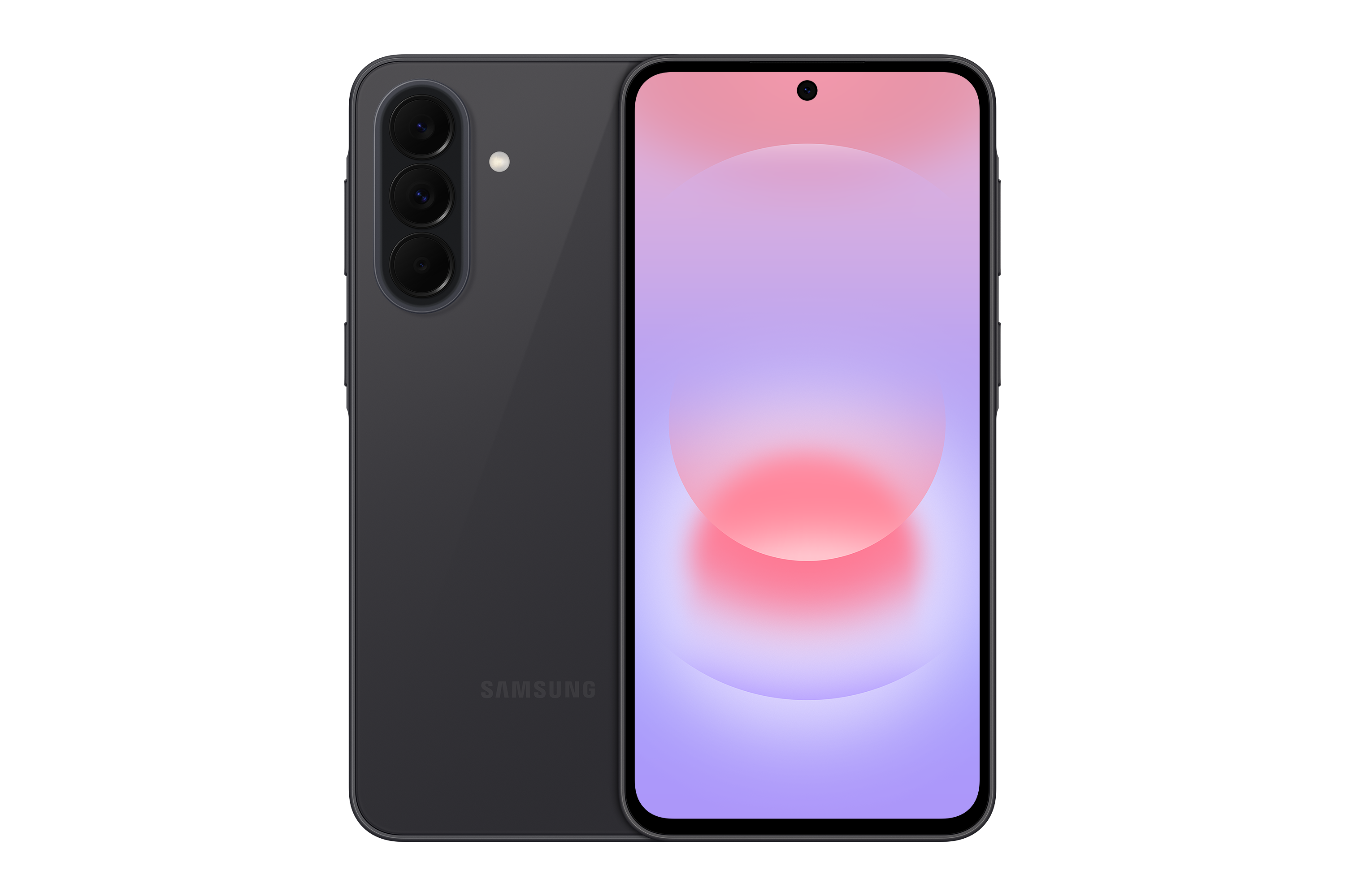 Ein schwarzes Samsung Smartphone mit drei Kameralinsen und einem Farbverlauf-Display.
