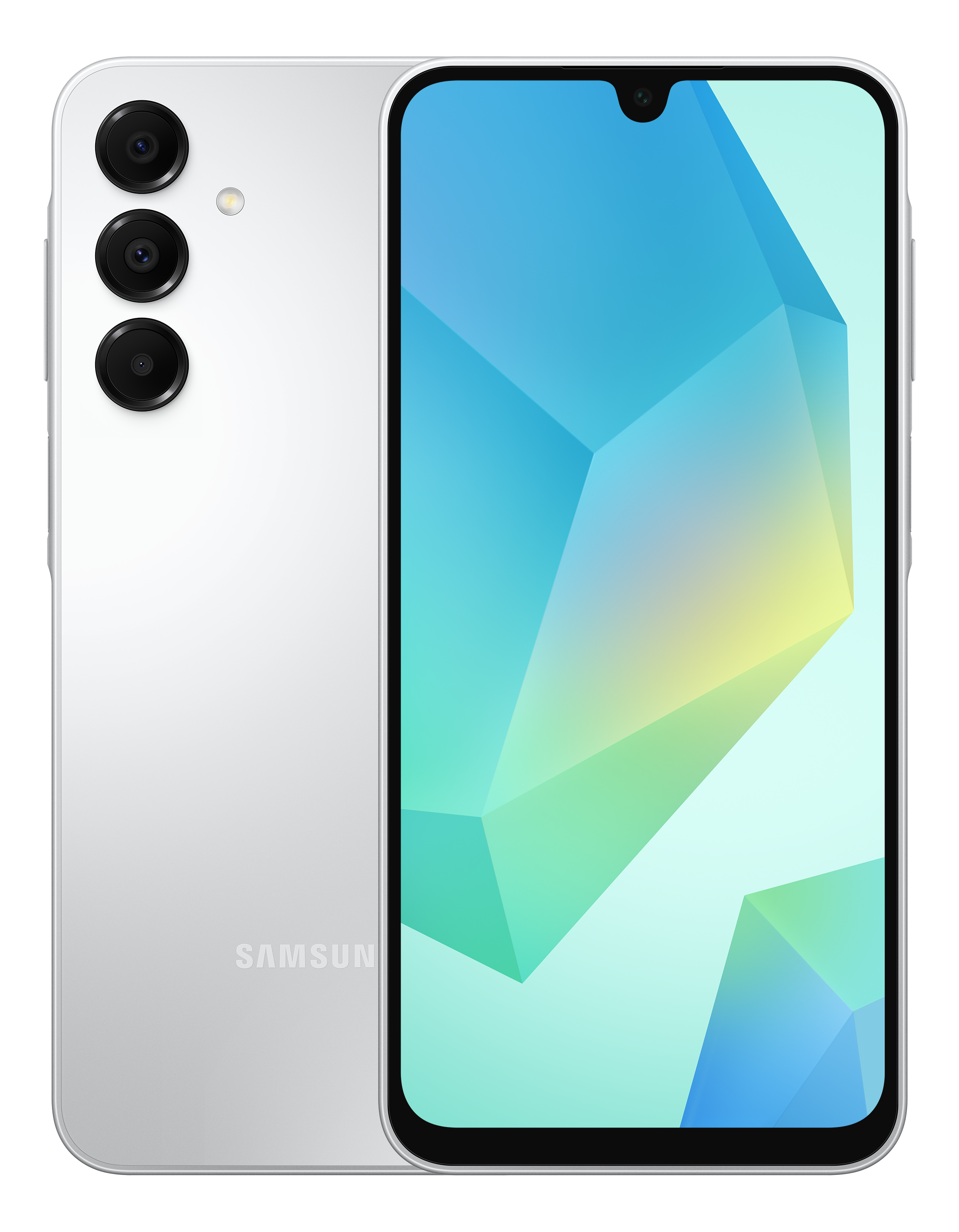 Weißes Samsung-Handy mit drei Rückkameras, zeigt farbenfrohes abstraktes Display.