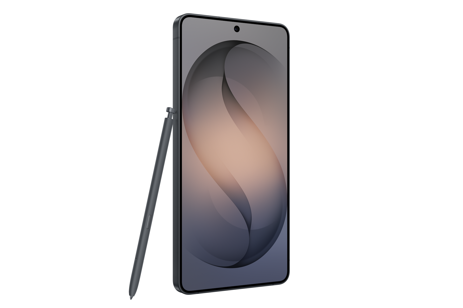 Graues Smartphone mit Stift auf schwarzem Hintergrund