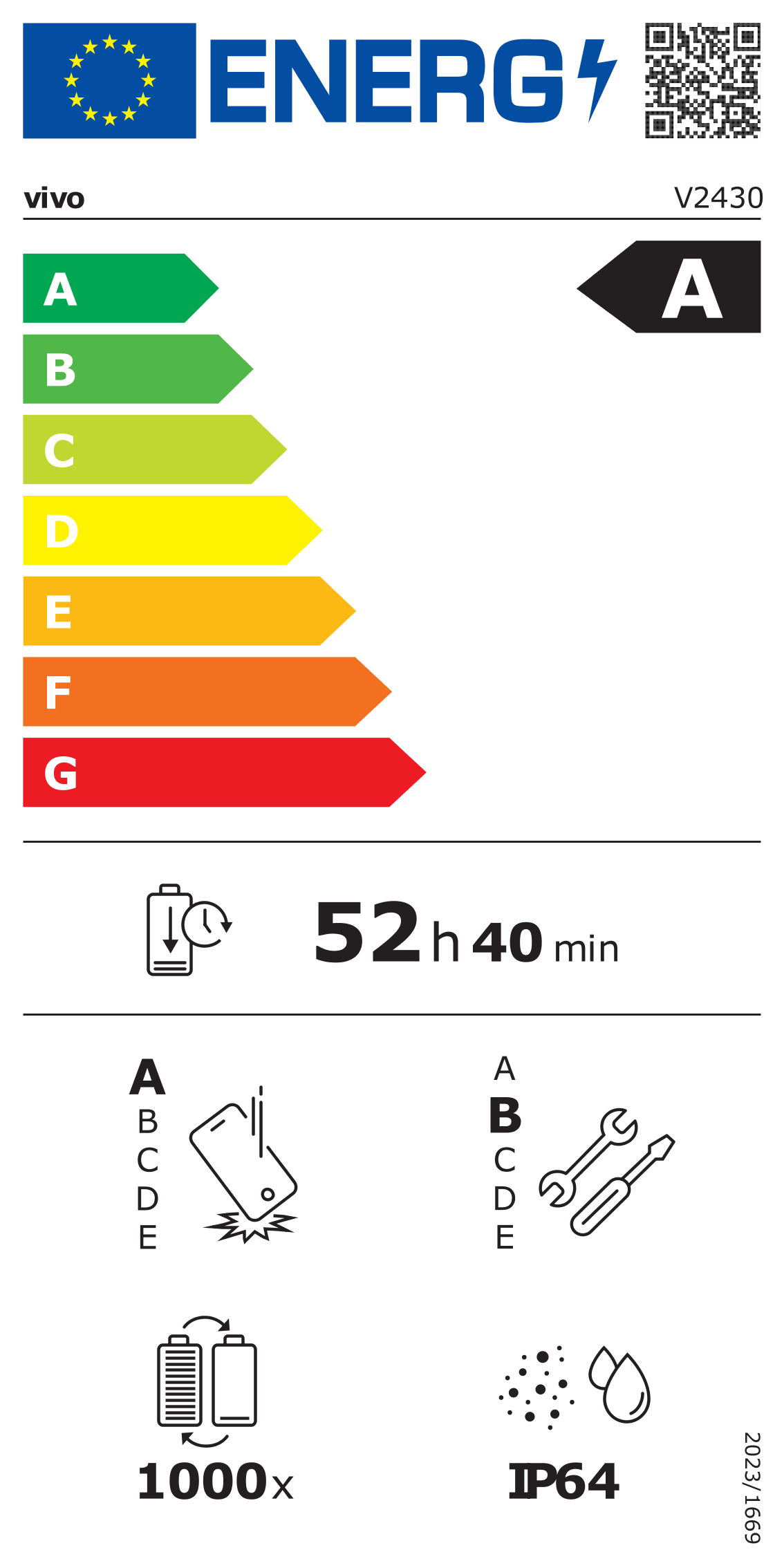 Energieeffizienzlabel mit europäischer Flagge. Es zeigt eine A-Bewertung, eine Akkulaufzeit von 52h 40min und verschiedene Symbole.
