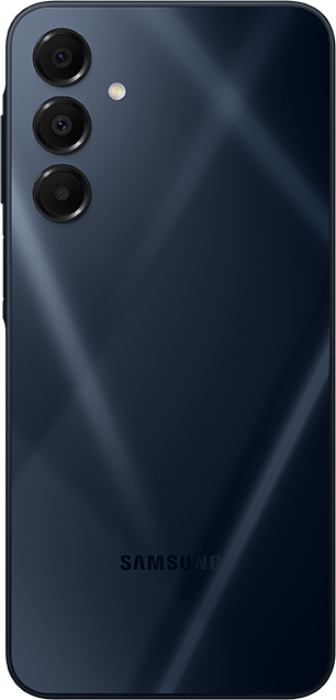 Dunkelblaues Telefon, Rückansicht, mit drei Kameralinsen. Schwarzer Hintergrund.
