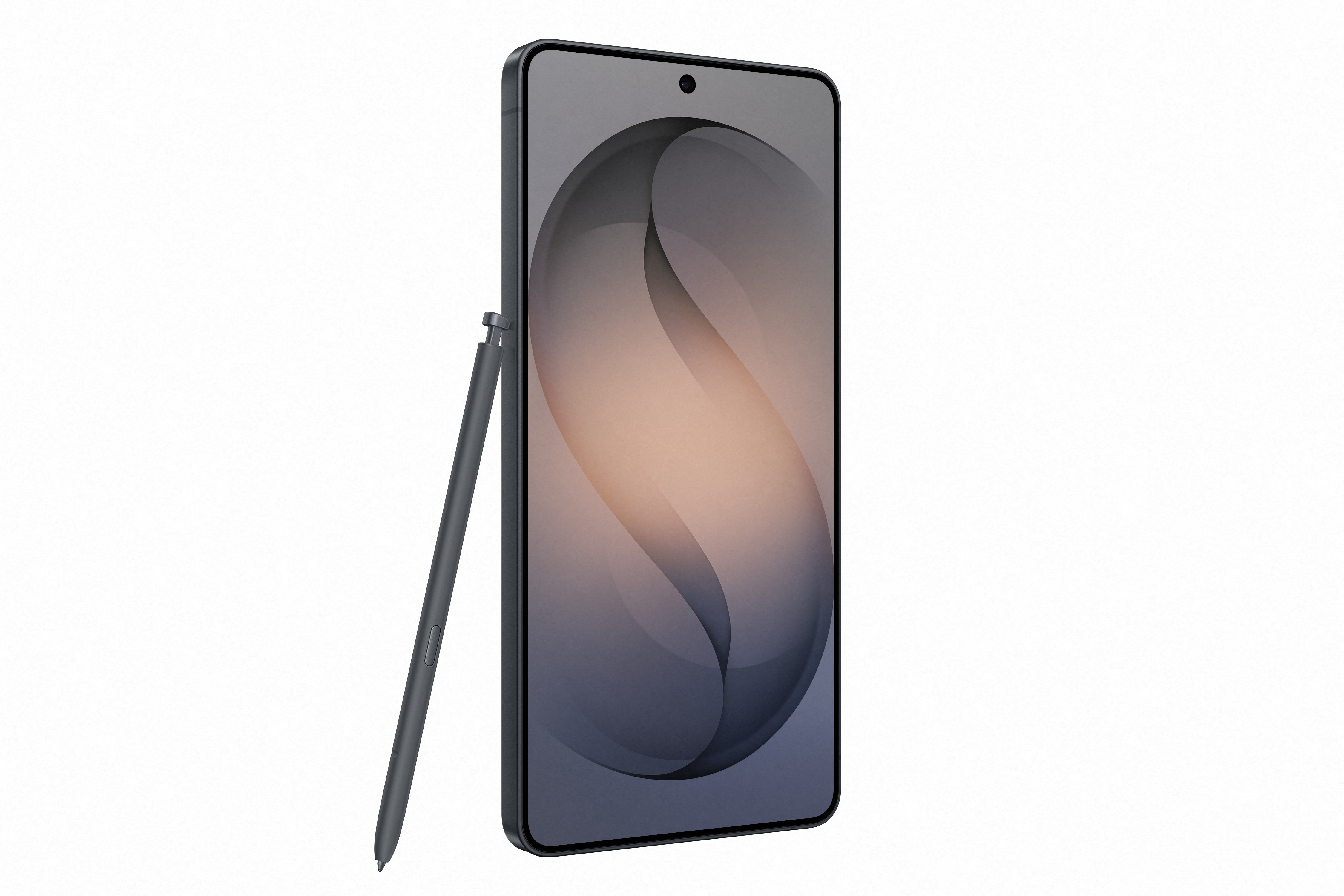 Ein dunkles Smartphone mit einem Stift daneben auf weißem Hintergrund.