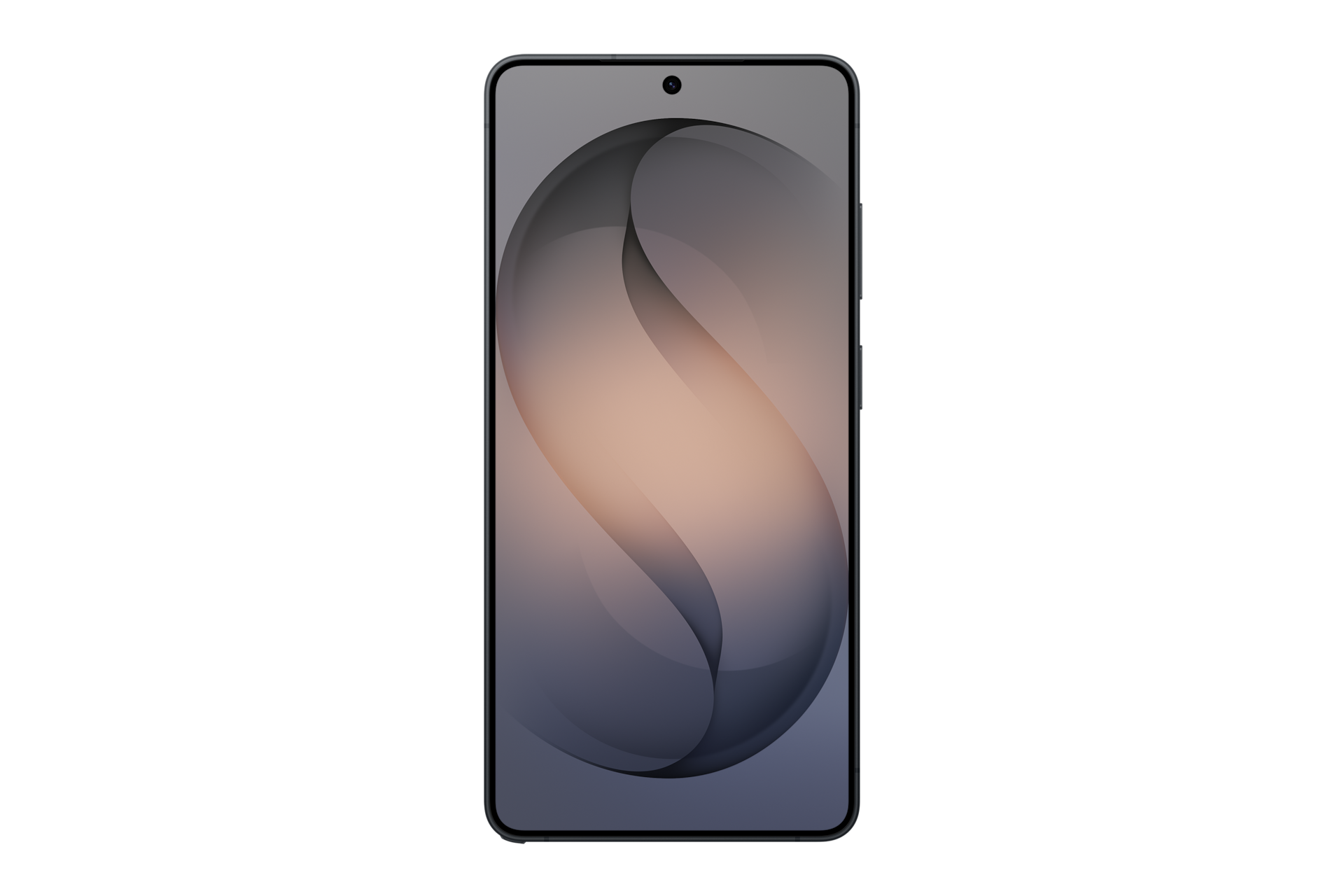 Ein Smartphone mit einem abstrakten, sanft geschwungenen Hintergrundbild in Grau- und Pfirsichtönen.