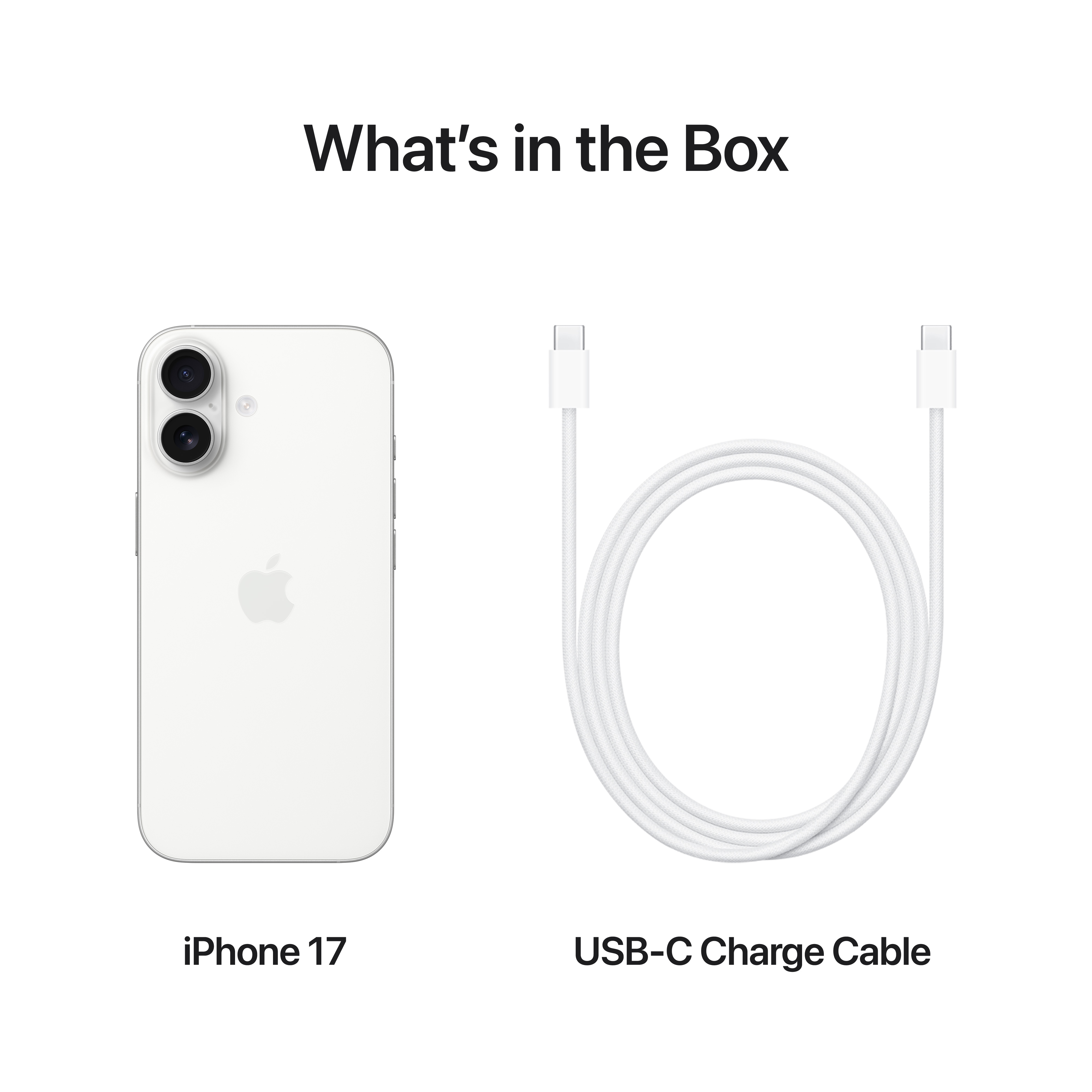 Weißes iPhone 17 und weißes USB-C-Ladekabel auf weißem Hintergrund, Text 'Was ist in der Box'.