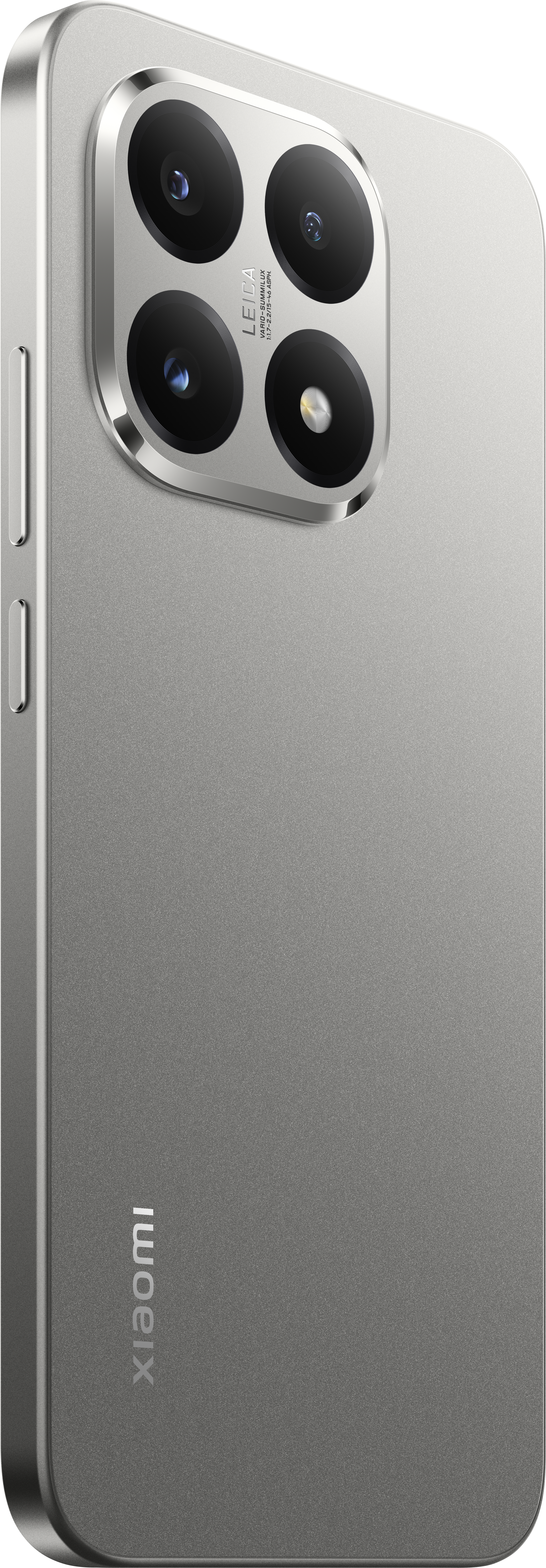 Silbernes Smartphone mit Kameramodul mit vier Linsen. Die Rückseite hat eine metallische Textur und das Xiaomi-Logo.