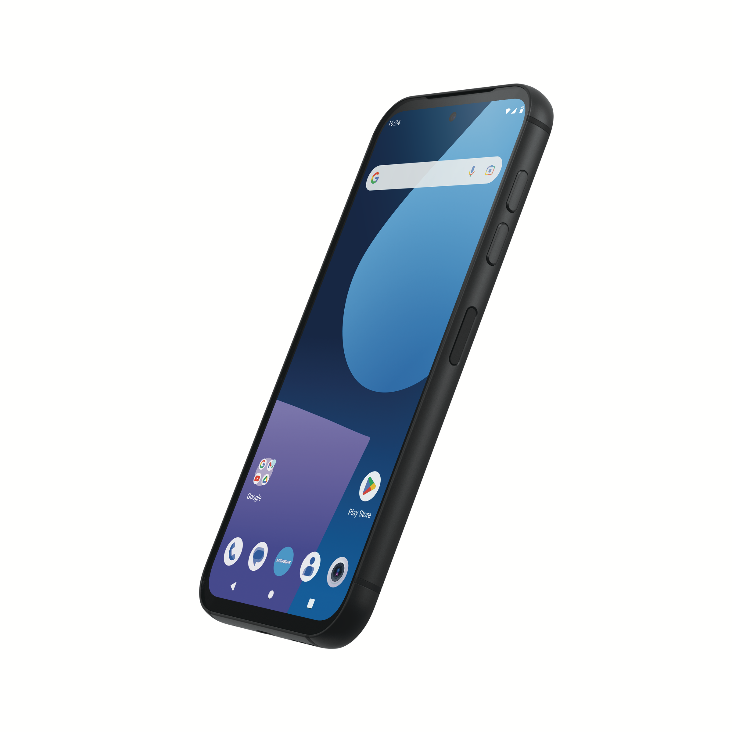 Schwarzes Smartphone mit blau-lila Display. Google-Logo und App-Icons sind sichtbar.