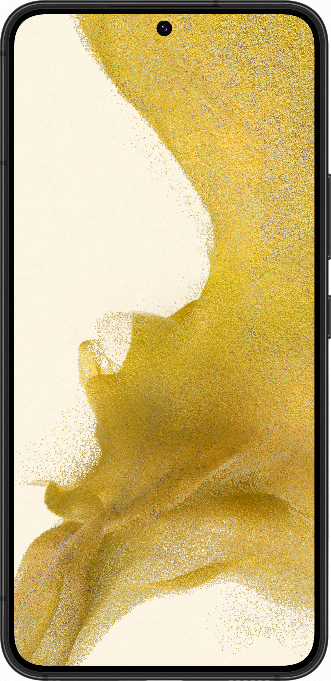Ein Mobiltelefon mit Goldeffekt, das einen verschwommenen Hintergrund zeigt. Das Telefon ist schwarz.