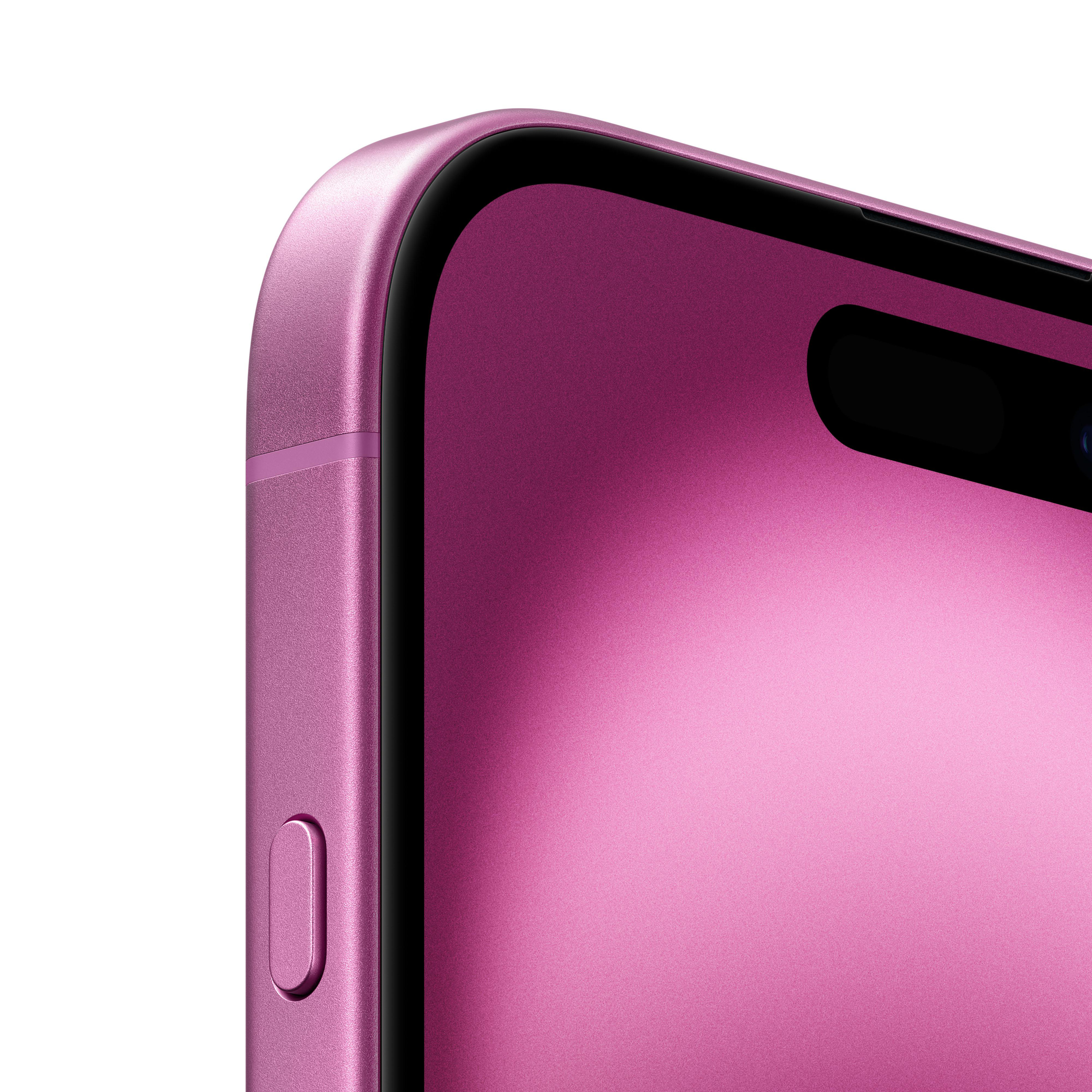 Nahaufnahme eines rosa Telefons mit schwarzem Bildschirm und Knöpfen an der Seite.