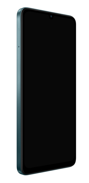 Türkisfarbenes Smartphone, Seitenansicht. Der Bildschirm ist schwarz. Weißer Hintergrund.