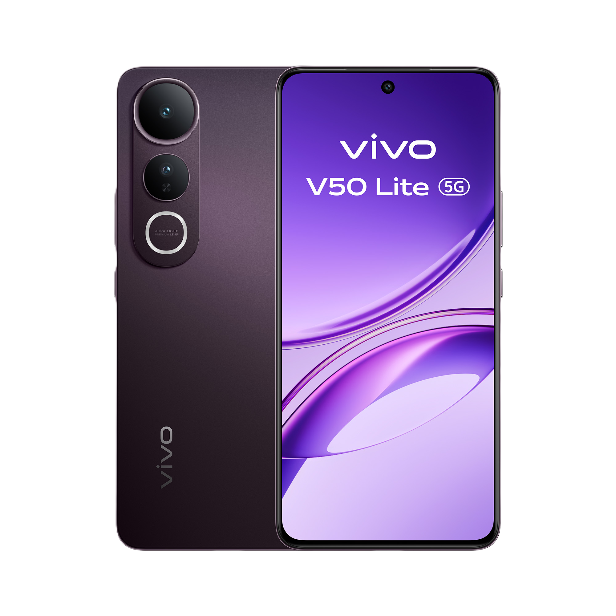Vivo V50 Lite 5G Smartphone. Zwei Kameralinsen und ein lila Farbschema.