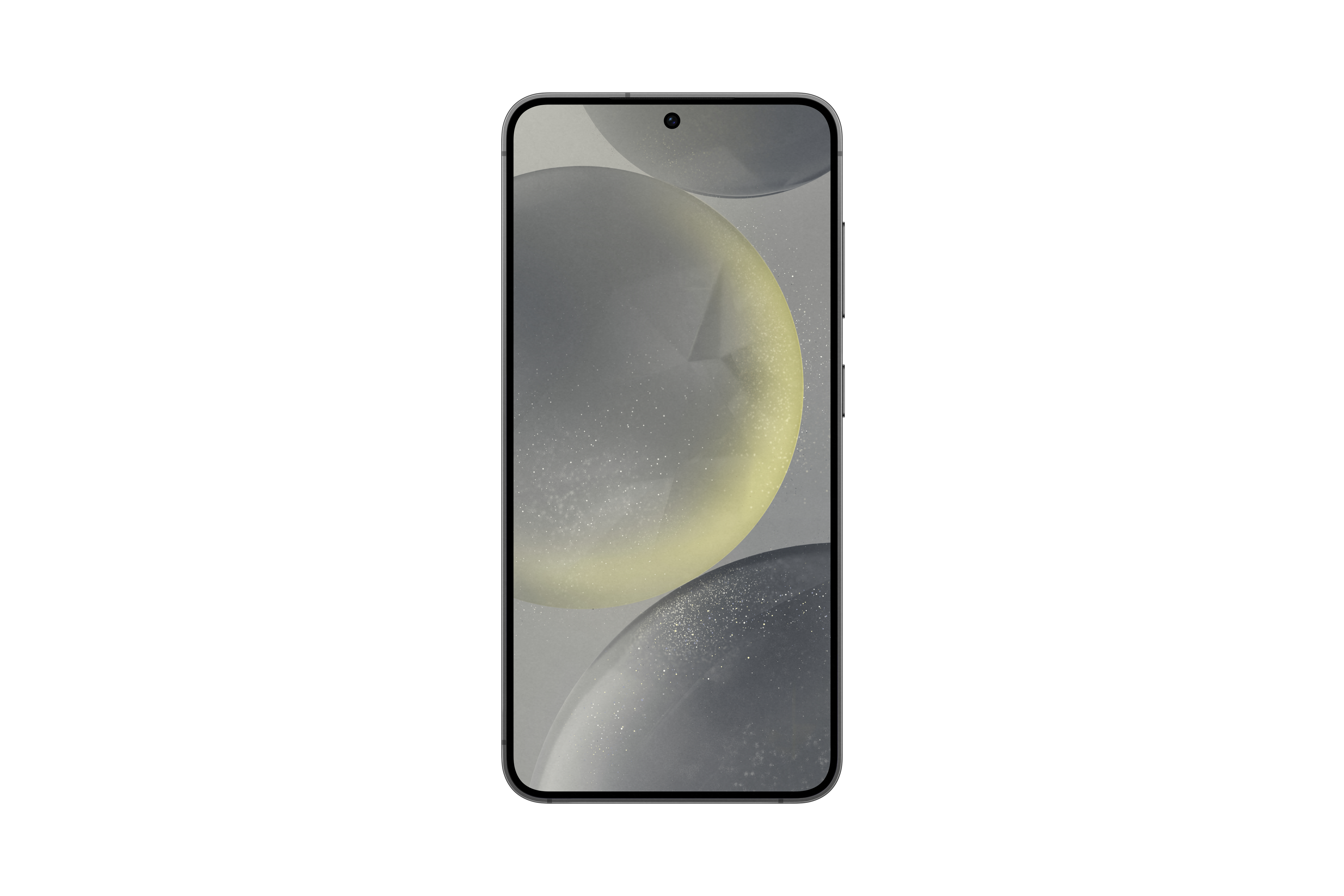 Ein Smartphone mit einem Bildschirm, der abstrakte graue Kugeln zeigt, mit schwarzem Rahmen, auf weißem Hintergrund.