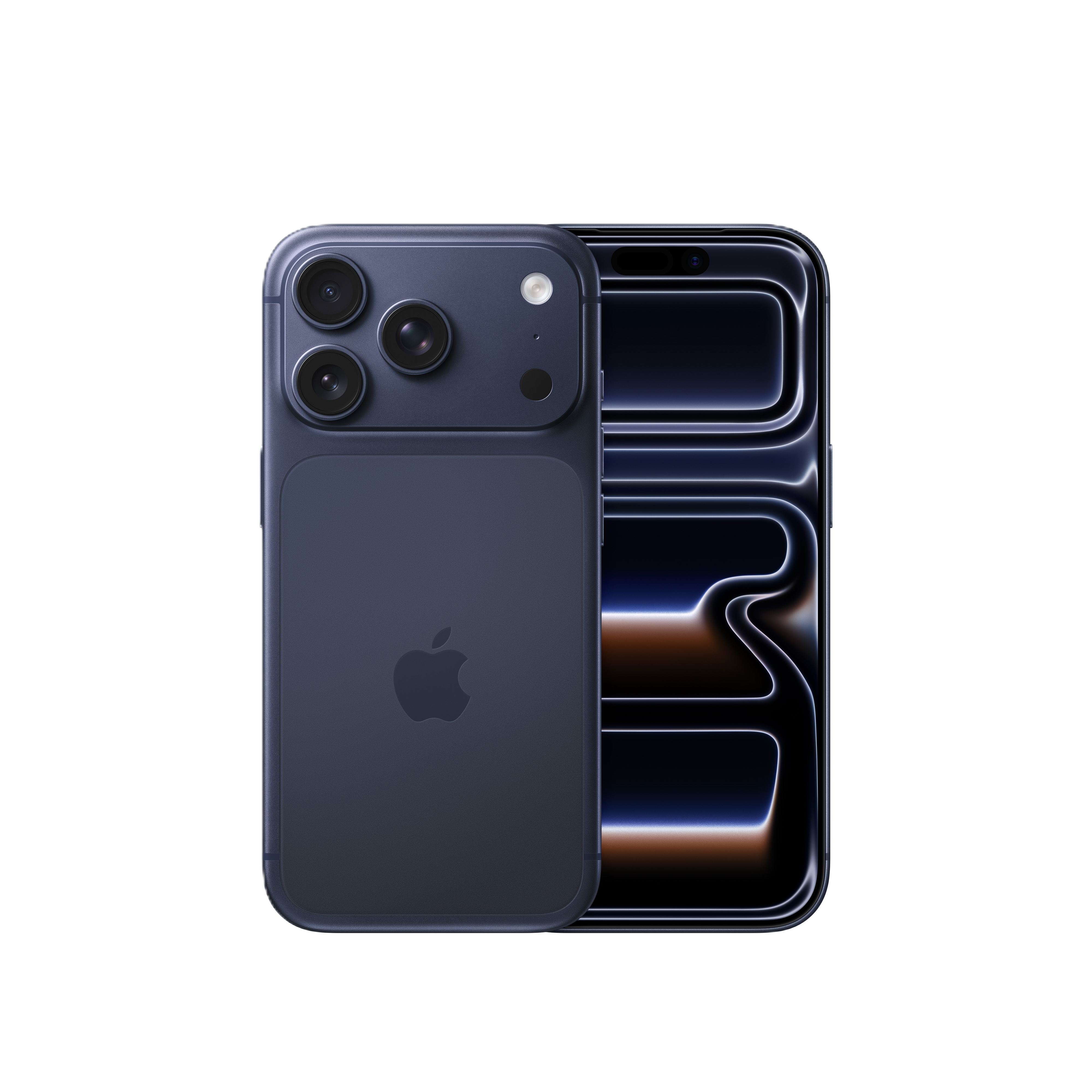 Dunkelblaues iPhone, Rückseite, Apple-Logo, Dreifachkamera und leuchtender Bildschirm.