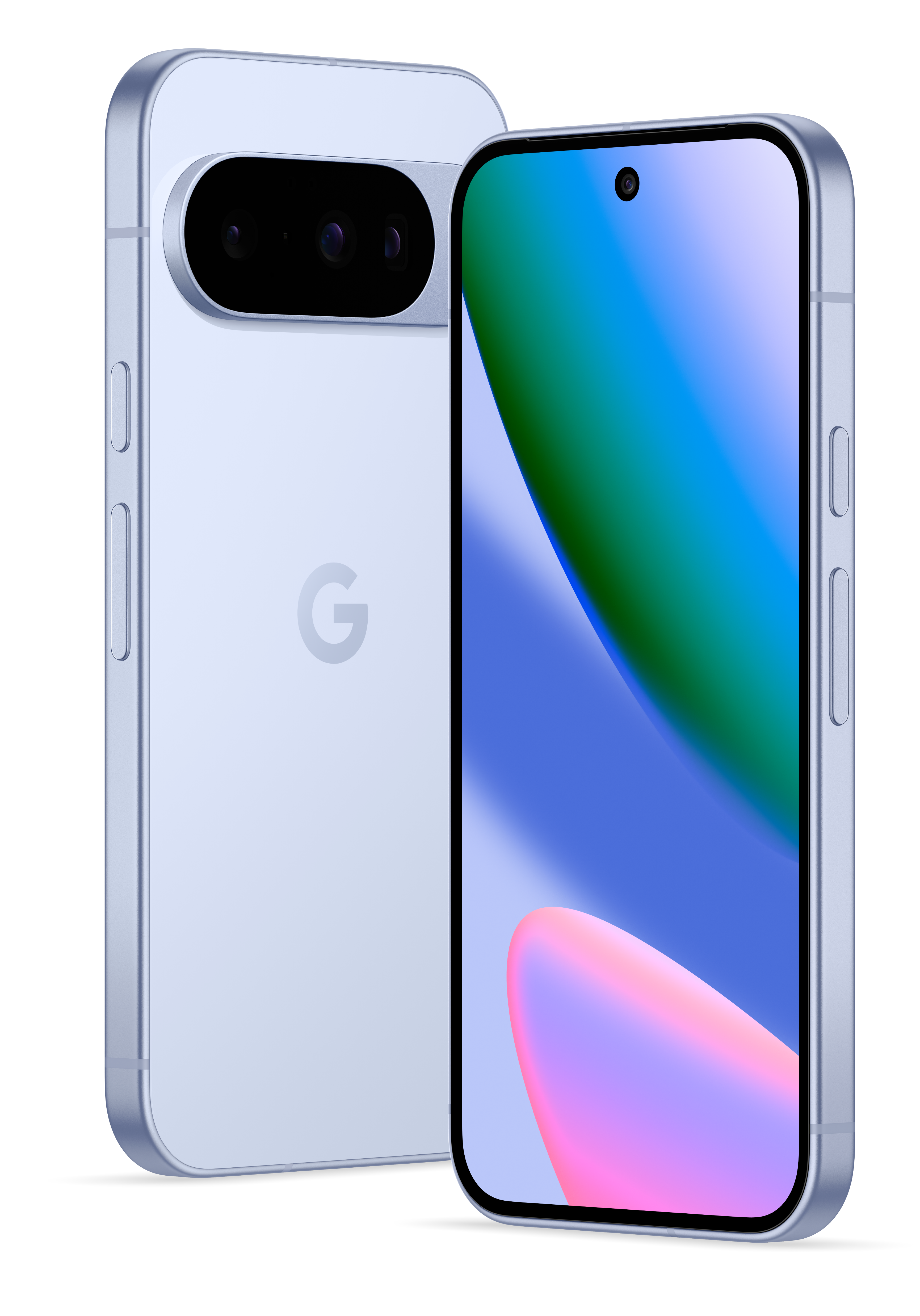 Ein hellblaues Smartphone mit Farbverlauf-Display. Die Rückseite zeigt eine Kameraanordnung und Google-Logo. Ein weiteres Telefon ist dahinter.