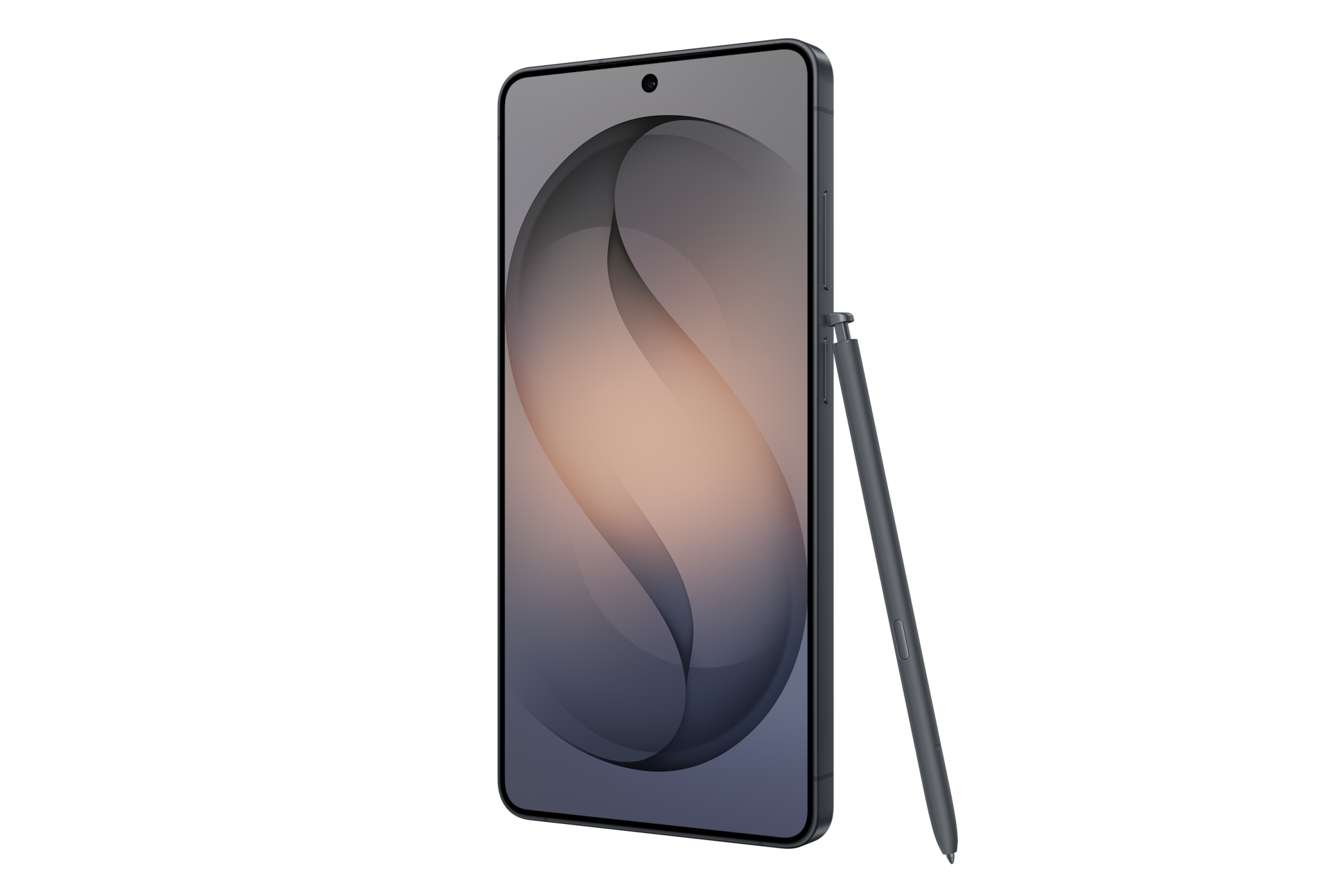 Ein graues Smartphone mit Stift, das auf schwarzem Hintergrund isoliert ist.