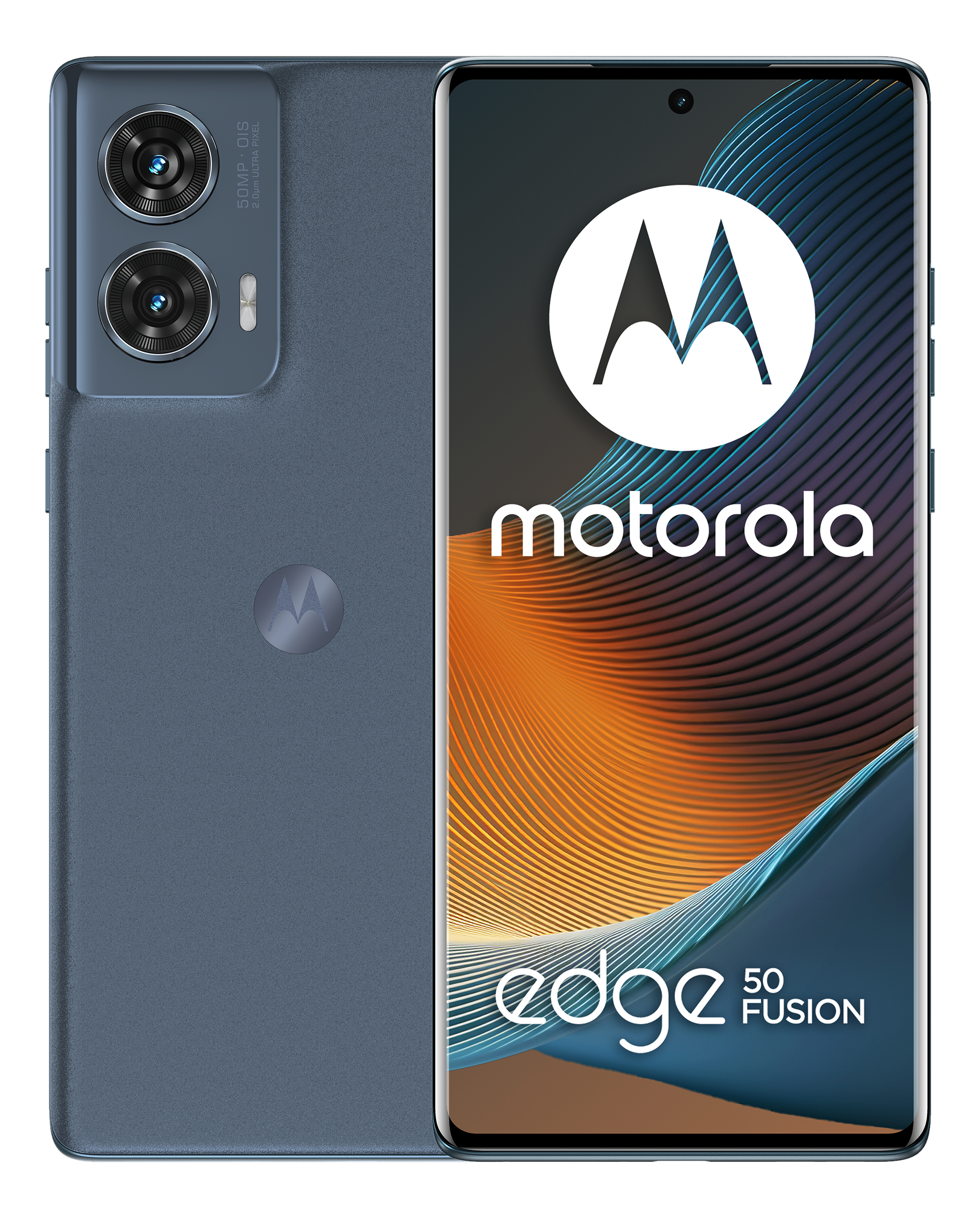 Blaues Motorola Edge 50 Fusion Telefon mit Rückkameras und Frontdisplay mit Logo und Symbolen.