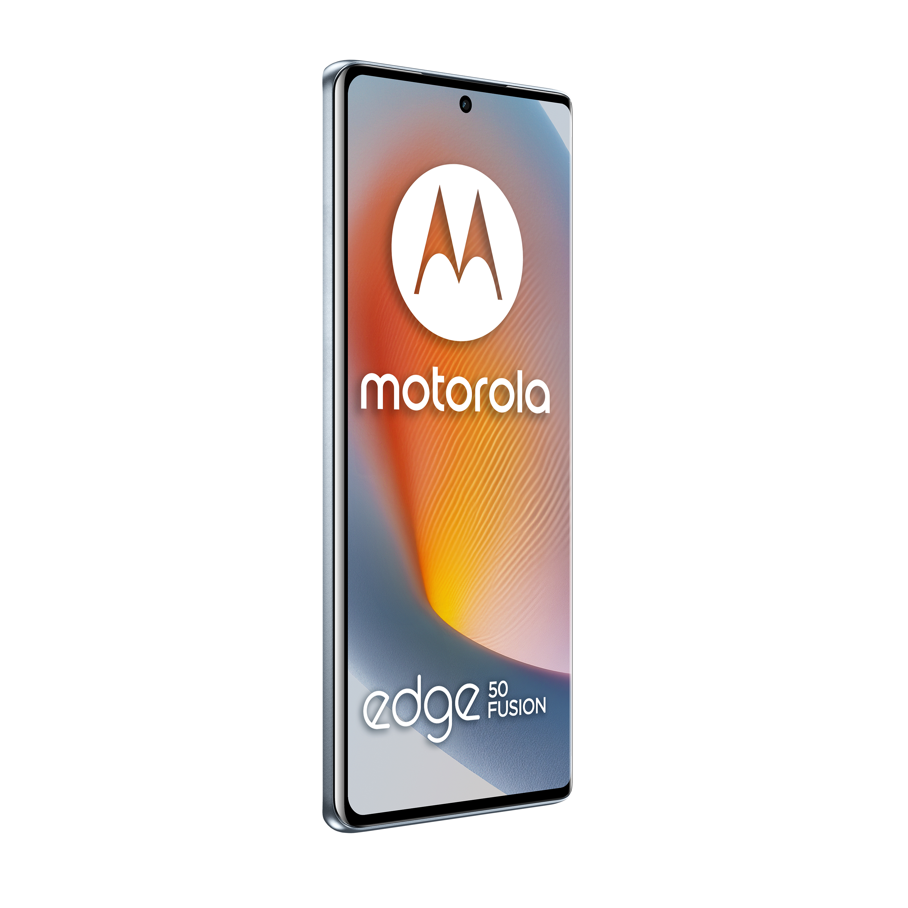 Ein Motorola Edge 50 Fusion-Handy, weißes Logo, auf lebendigem Farbverlauf. Seitenansicht.