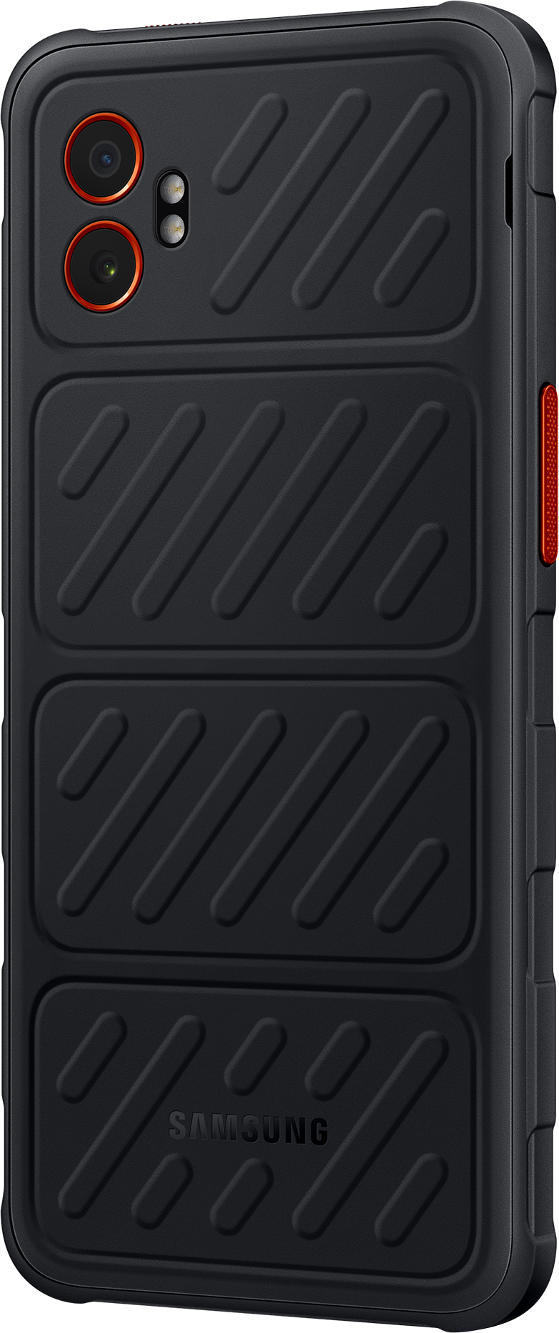 Schwarze Handyhülle mit strukturiertem Muster, zwei orangefarbene Kameralinsen.