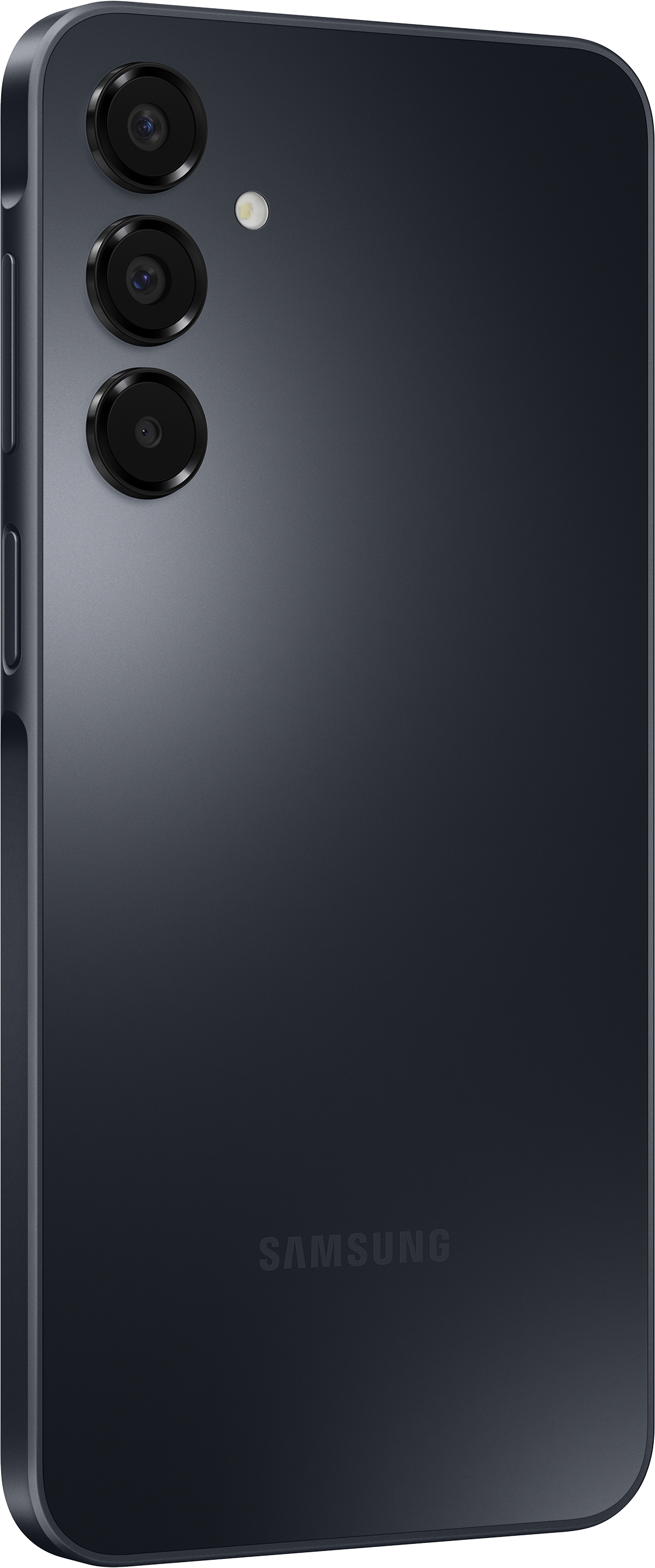 Dunkelgraues Smartphone mit drei Kameras und Blitz auf der Rückseite. Samsung-Logo sichtbar.