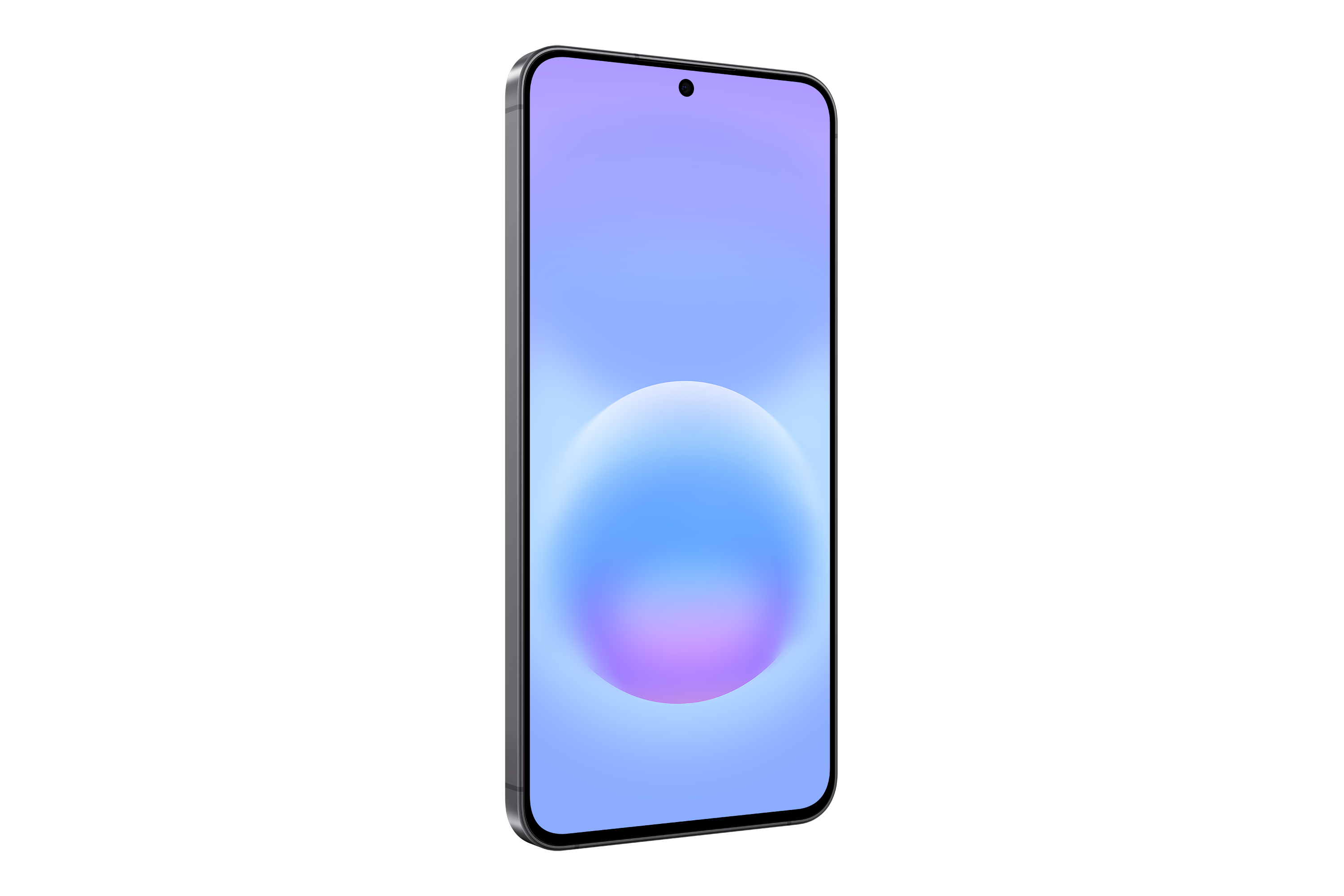 Ein Smartphone mit grauem Rahmen und einem violett-blauen Hintergrundbild.