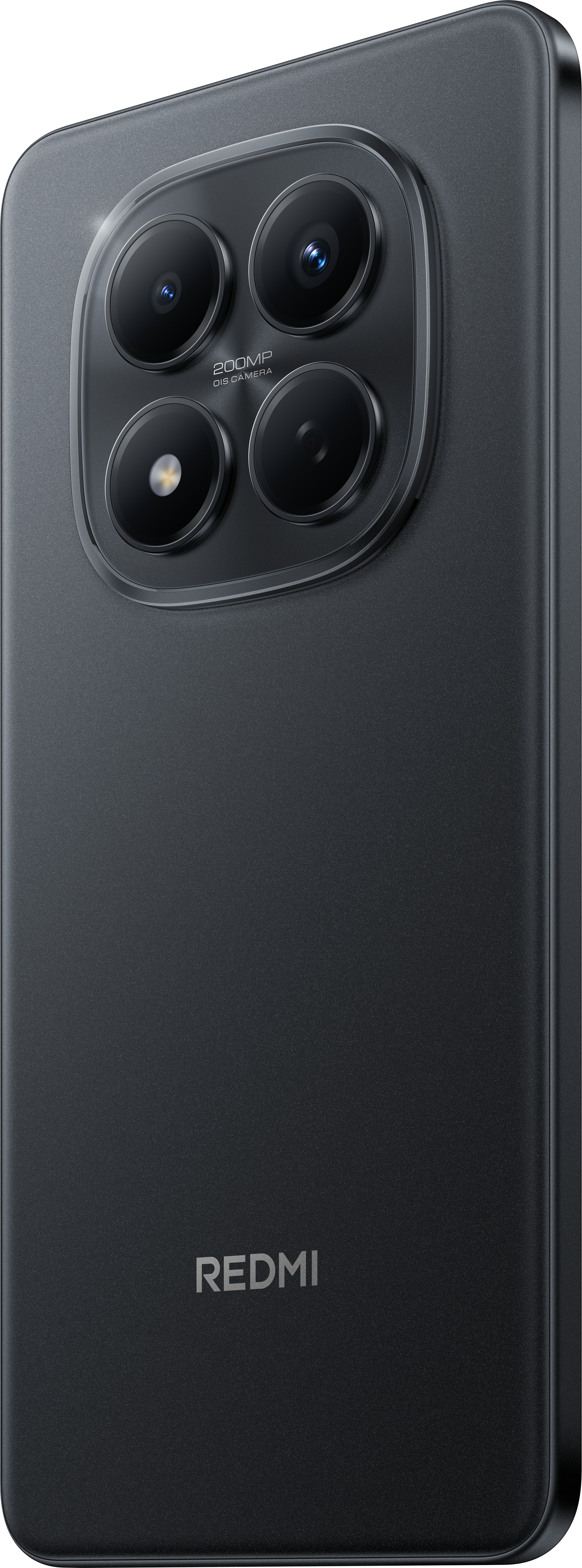 Schwarze Telefonrückseite mit Kameraanordnung. Vier Linsen, 200MP OIS Kamera und Redmi-Logo. Schlankes, dunkles Design.