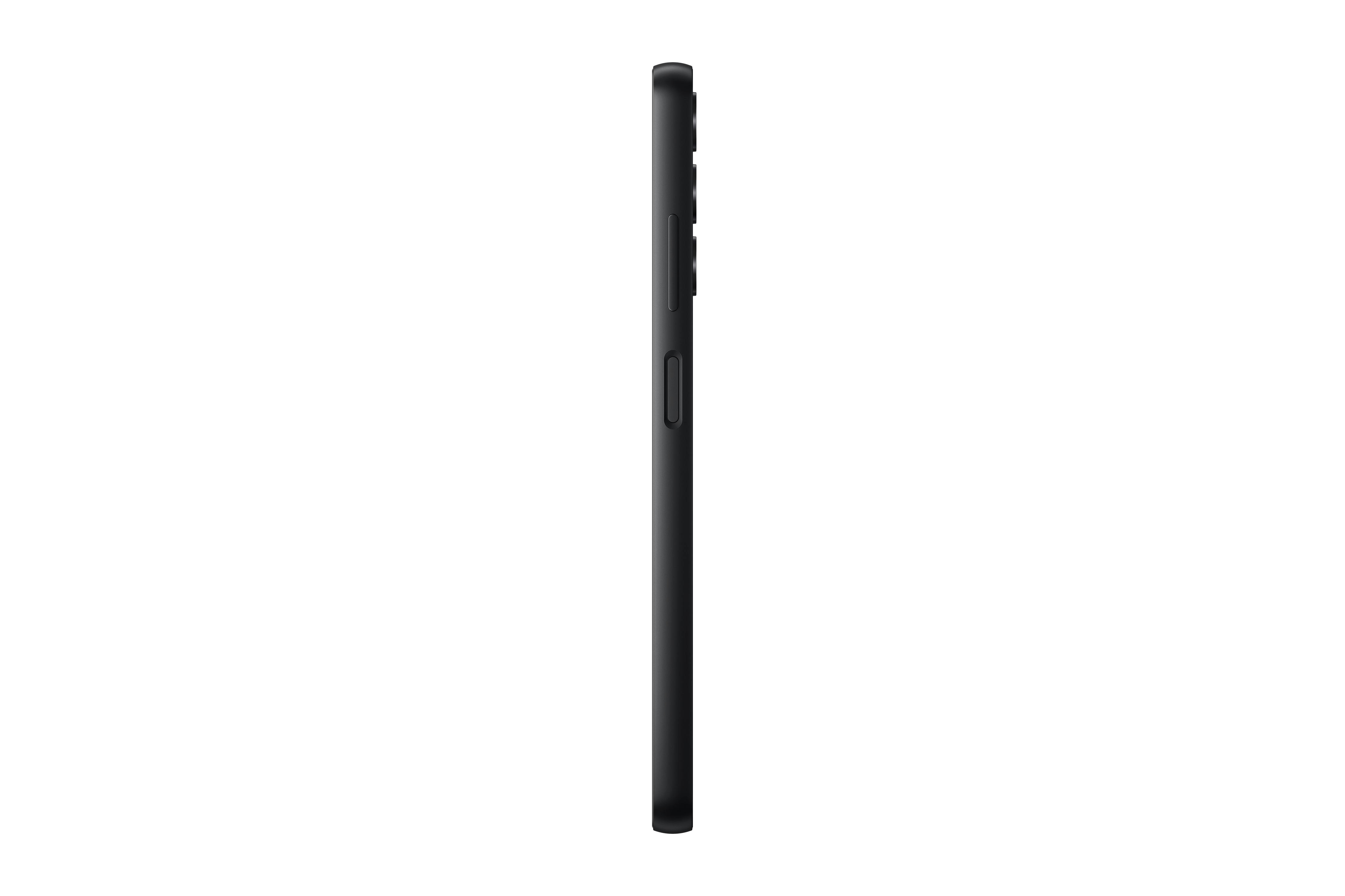 Seitenansicht eines schwarzen Smartphones mit Knöpfen auf der rechten Seite, weißer Hintergrund.